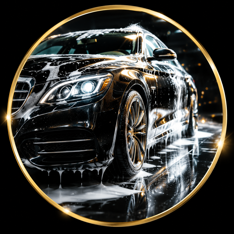 Freshly washed black car covered in foam inside a gold ring