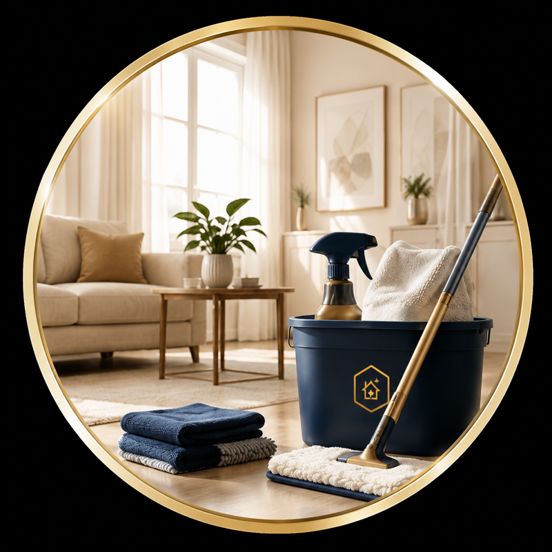 Home cleaning kit with mop and bucket in a bright living room